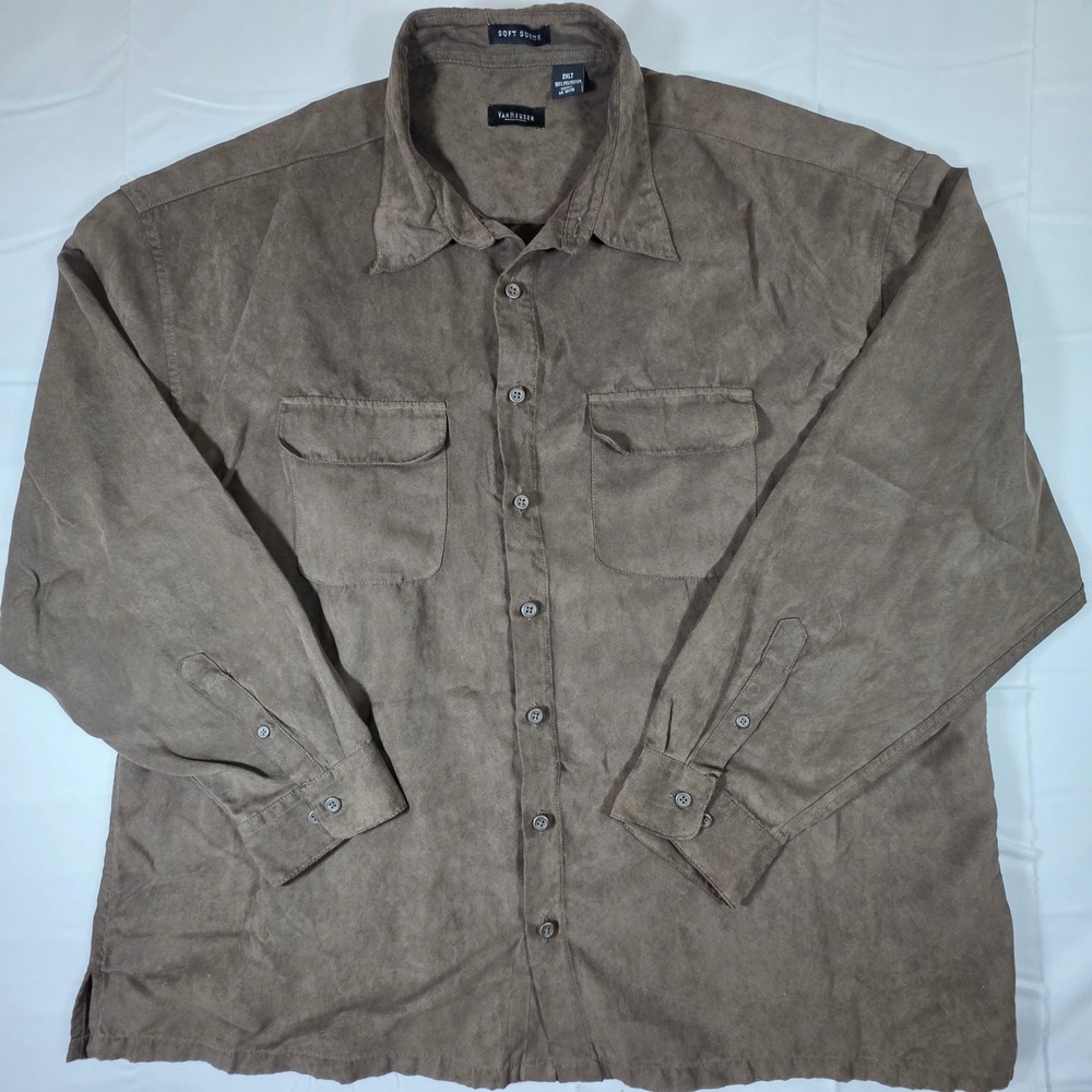 Van Heusen Soft Suede Shirt Mens 2XLT Brown Faux Suede Button Down Long Sleeve